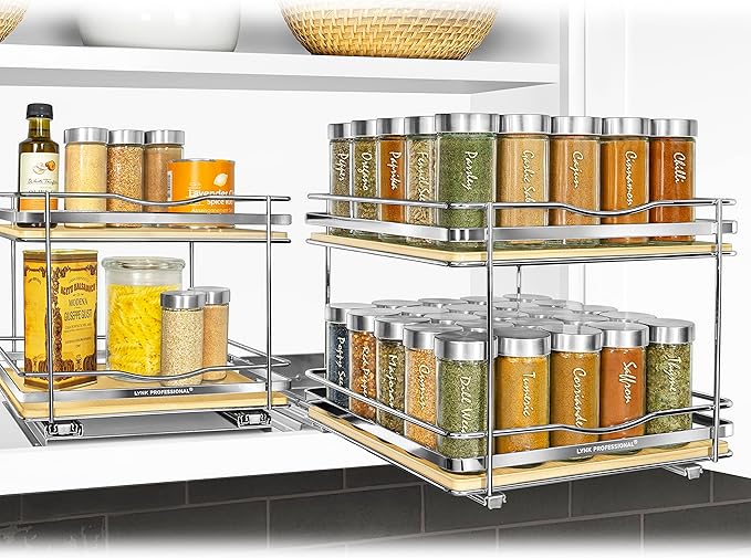 LYNK PROFESSIONAL® Élite™ Pull Out Spice Rack Organizer for Inside Kitchen Cabinets - 10-3/8 inch Wide - Slide Out Drawer – Wood/Chrome Sliding Spice Organization for cabinet - Spice Racks - 2 Tier