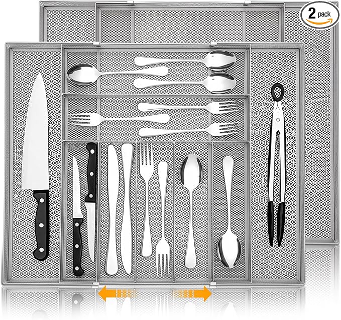 2 Pcs Utensil Drawer Silverware Organizer, Metal Mesh Expandable 13" ~24" Kitchen Drawer Organizer, 7-9 Slots Cutlery Tray Dividers for Kitchen Flatware Christmas Housewarming Gift (Sliver)