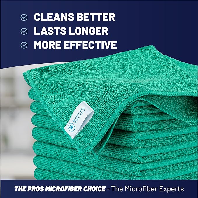 MW Pro Microfiber Cleaning Cloth | Green (12 Pack) | Size 16" x 16" | All Purpose Microfiber Towels - Clean, Dust, Polish, Scrub, Absorbent
