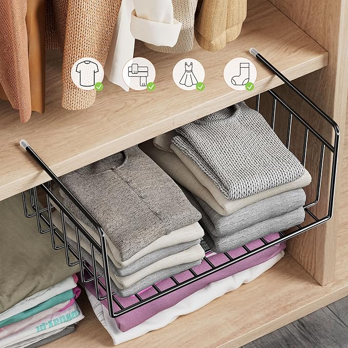 SUFAUY 4-Pack Under Cabinet Shelf Basket, Wire Shelves for Storage Holds up to 22lbs for Kitchen Pantry, Black
