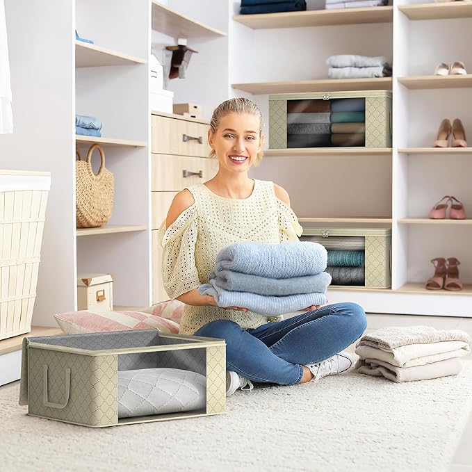 Sorbus Medium Clothes Storage Bags - Foldable Blanket Storage Bins for Organizing Bedroom, Closet, Clothing, Comforter, Organization with Clear Window, Lids and Carry Handles - Set of 3