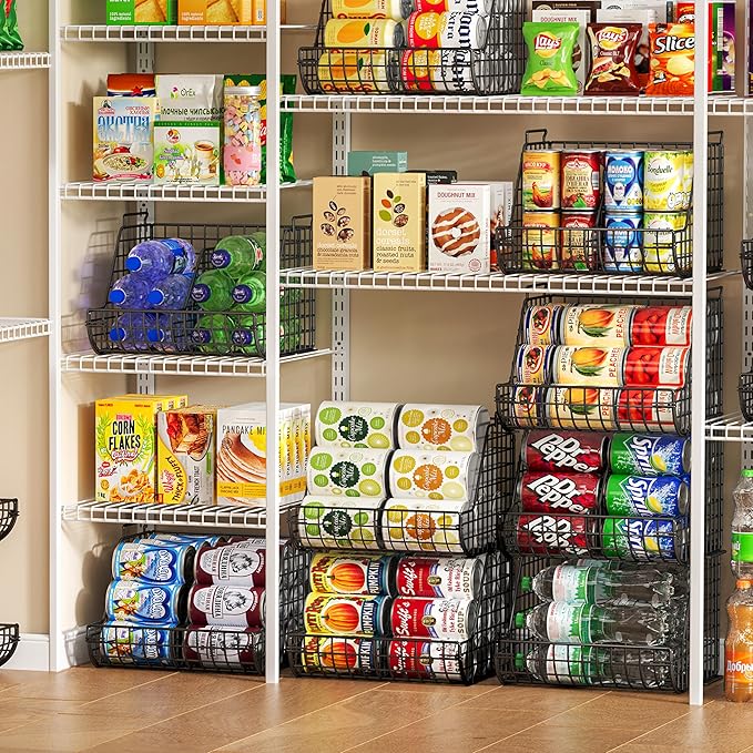 Stacking Can Dispensers 3 Tier with 3 Divider, Large Pantry Can Organizer, Beverage Drink Pop Soda Can Storage Basket, Can Holders for Pantry, Canned Food Rack Wire Bins for Kitchen Cabinet (3-Pack)