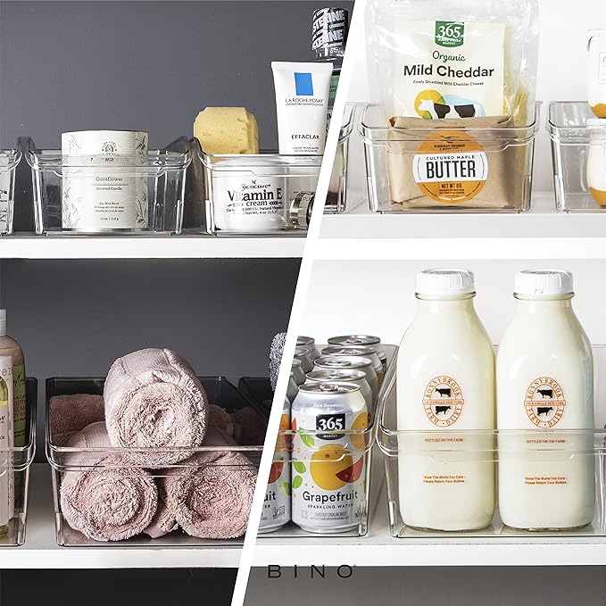 BINO | Plastic Storage Bins, Large | THE CURVE COLLECTION | Multi-Use Fridge / Freezer Organizer | Built-In Handle | BPA-Free | Pantry and Home Organization