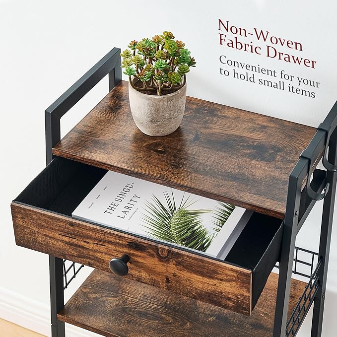 3-Tier Ladder Shelf with Drawer, Bathroom Table Stand for Small Space, Bathroom Standing Shelves with Storage for Living Room Bedroom Kitchen, Organizer Shelf, Rustic Brown