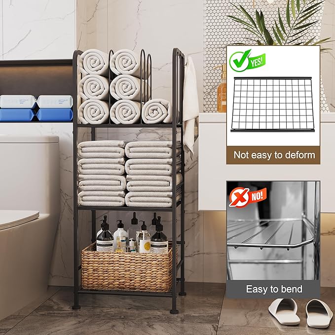 Standing Towel Racks for Bathroom 3-Tier, Durable Metal Towel Rack Stand, Pool Items Holder, M-Shaped Detachable Dividers for Towel Storage, Space-Saving Storage Organizer Black, Patent Pending
