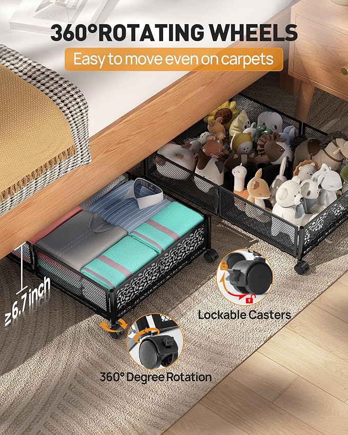 Under Bed Storage With Wheels, 2 Pack Foldable Pattern Carved Metal Under Bed Storage Containers, 60L Rolling Underbed Storage, Easy Assembly Under The Bed Storage for Shoes, Clothes, Blankets...