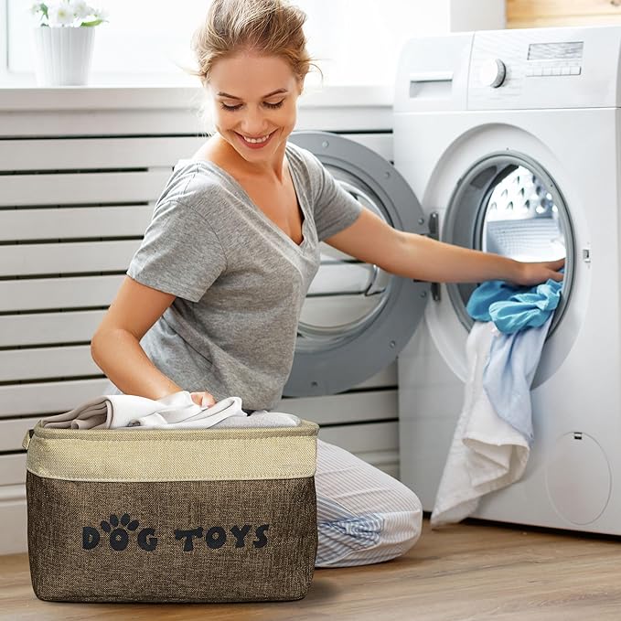 PET ARTIST Dog Toy Basket, Collapsible Dog Toy Bin Box with Comfortable Handles, Large Pet Toy Storage Organizer for Accessories, Toys, Coat & Clothing, Blanket & Leash, Brown, 15"x11"x9"