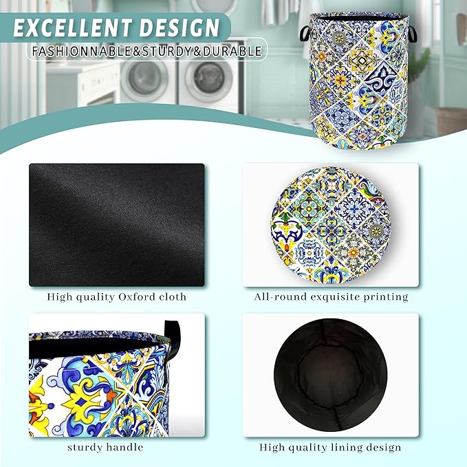Mexican Tiles Laundry Basket Blue Green Boho Print Funny Laundry Hamper Foldable Oxford Cloth Colorful Tote Bag Clothes Toy Storage Bucket 18.9"x16.5"For Bathroom/Laundry Storage/Bedroom