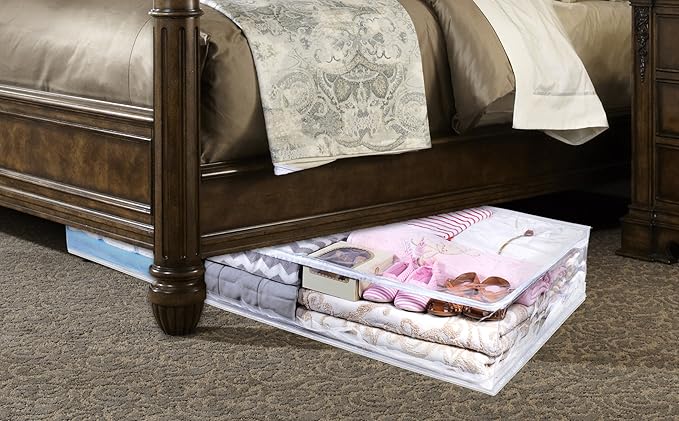 Masirs Clear Underbed Storage Bag, Durable Vinyl Material to Shield Your Contents from Dust, Dirt and Moisture, Easy Gliding Zipper for Easy Access and Label Pocket for Easy Identification, (2-Pack)