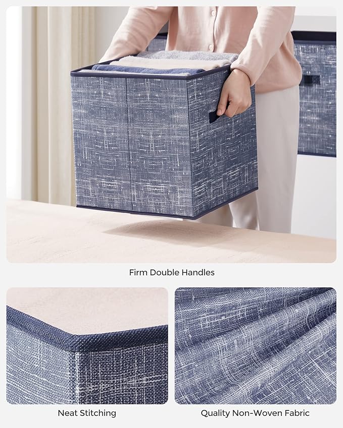 SONGMICS Storage Cubes, 11.8-Inch Non-Woven Fabric Bins with Double Handles, Set of 6, Closet Organizers for Shelves, Foldable, for Clothes, Misty Blue UROB030I01