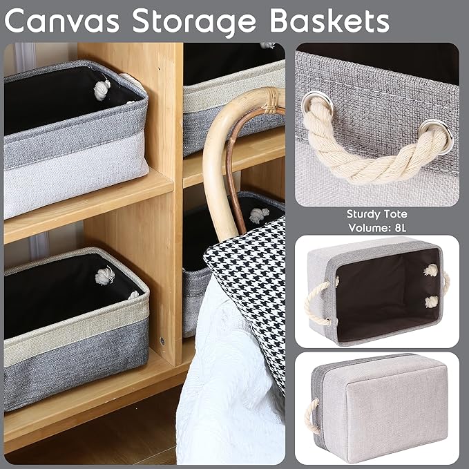 Sea Team 3-Pack Small Storage Basket Set, Storage Cube Organizer, Storage Bins, 12 x 8 x 5 Inches, Rectangle Canvas Fabric Collapsible Shelf Box with Handles for Kids Room (Ash Grey/Grey)