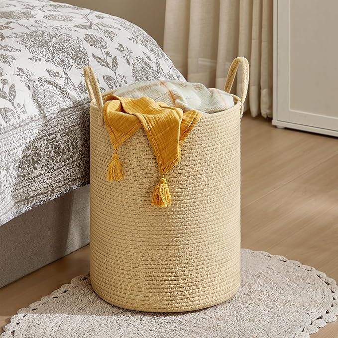 SONGMICS Laundry Hamper, Cotton Rope Laundry Basket with Handles, for Children, Toys, Clothing, Living Room, Bedroom, 15.8 Gallons, 13.8 x 13.8 x 19.7 Inches, Yellowish Brown URLH061KZ01