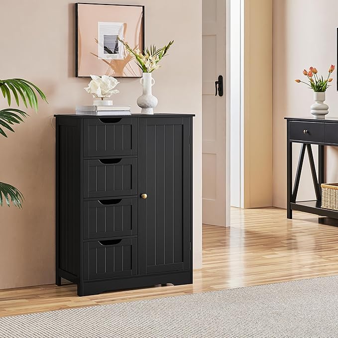 Yaheetech Wooden Storage Cabinet, Bathroom Storage Organizer with 4 Drawers & 1 Cupboard, Freestanding Cabinet Table for Bathroom, Entrance Area, Kitchen, Black