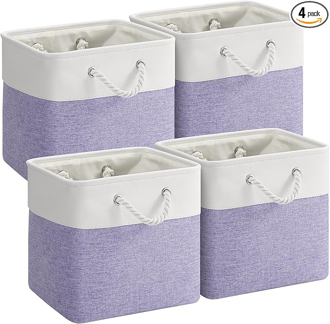 12 x 12 Inch Cube Storage Bins, 4 Pack Fabric Storage Basket with Handles, Foldable Boxes Organizer for Shelf Baskets for Home, Clothes (White/Purple)