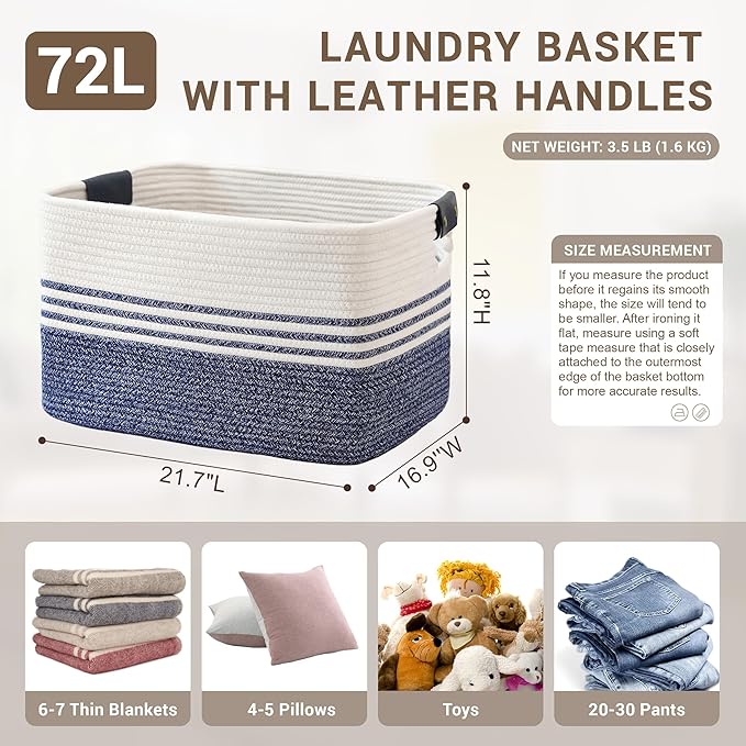 72L Large Laundry Basket with Leather Handles for Living Room Storage, Woven Rope Baskets Bin for Blanket, Kids Toy, Gifts, Wicker Hamper for Bedroom Dirty Clothes, 22"x17"x12" Denim Blue