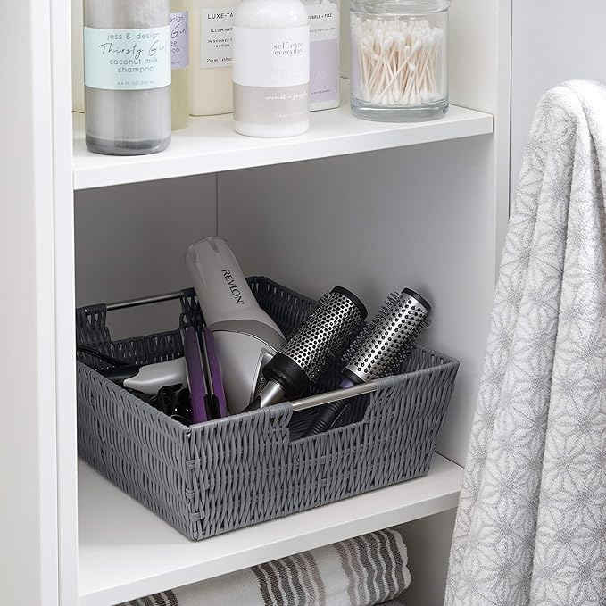 Simplify 15"x13"x5" Shelf Storage Woven Handles, Nursery, Playroom, Toys, Bedroom, Closet, Clothes, Office, Decorative Organizer Basket Rattan Totes, Large, Charcoal