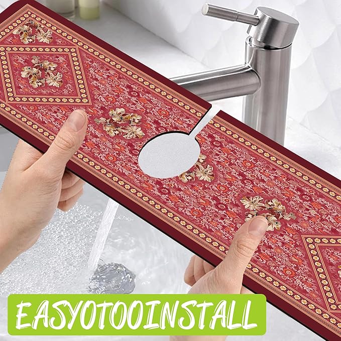 Sink Splash Guard Faucet Mat Bohemian Rug Flower Absorbent Fast Drying Mat Sink Gadgets Splash Guard Behind Faucet Drip Catcher for Kitchen Bathroom 23.5"X5.5"