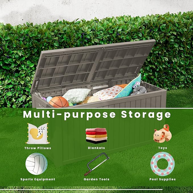 200 Gallon Lockable Resin Outdoor Storage Box, Waterproof & Weather Resistant Deck Box for Patio Cushion, Garden Tools & Pool Accessories, Grey