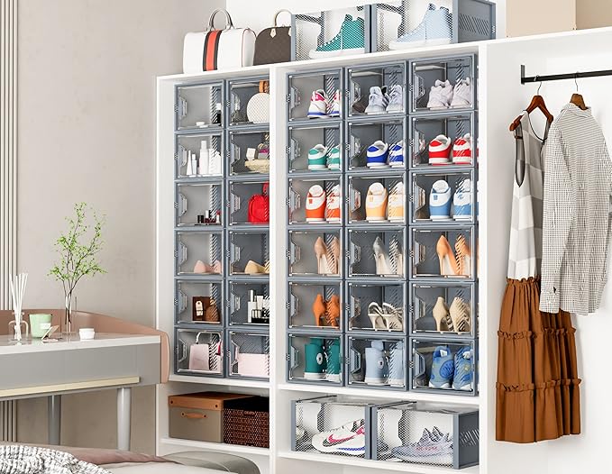 Shoe Storage, 12 Pack X-Large Shoe Organizer for Closet, Shoe Boxes Clear Plastic Stackable Shoe Storage Boxes for Size 13