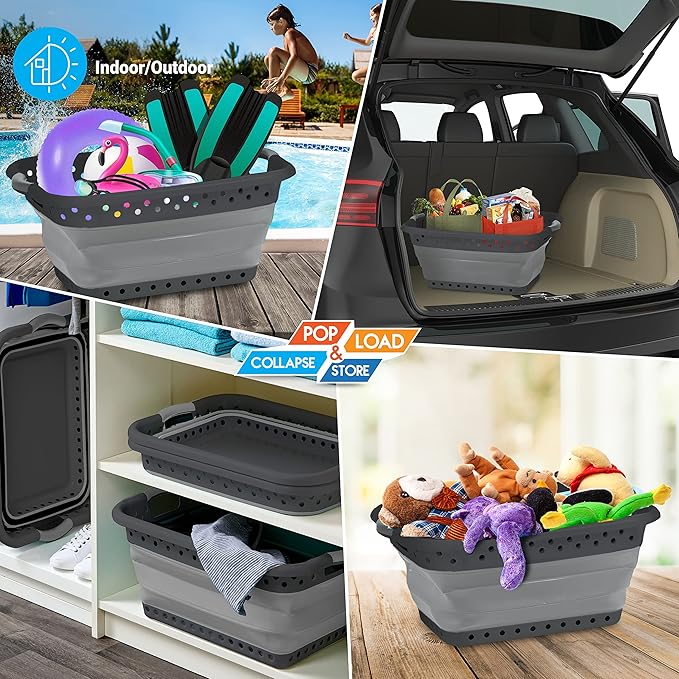 Pop & Load Collapse & Store 1 Large 25" Slim Collapsible Plastic Laundry Basket, Space Saving Portable Pop Up Storage & Organization Basket, 3" High When Folded, Dual Comfort Grip Handles, Black