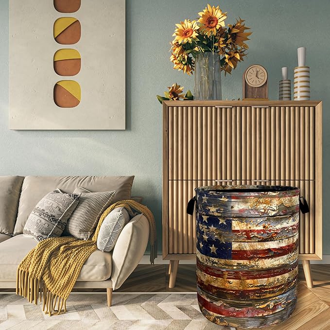 Vintage American Flag Laundry Basket Patriotic Funny Laundry Hamper Foldable Oxford Cloth Colorful Tote Bag Clothes Toy Storage Bucket 18.9" x 16.5"For Bathroom/Laundry Storage/Bedroom