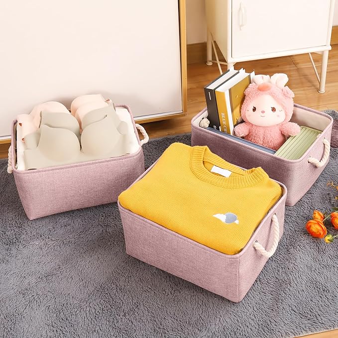 Storage Bins with Sturdy Cotton Handles(3 Pack), Fabric Storage Baskets for Organizing use for Office & Home, Book, Clothes, Toys, Closet Boxes (Large, Pink, 15.7x11.8x7.9 inches)