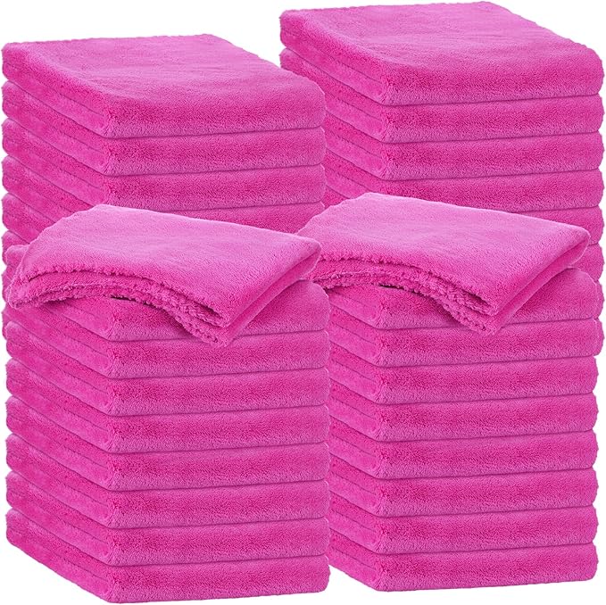 Shimeyao 30 Pcs 16 x 16 Inch Edgeless Microfiber Plush Towels for Cars Detailing Drying Wash Polishing Absorbent Cleaning Cloths, 500 GSM (Fuchsia, 30 Pcs)