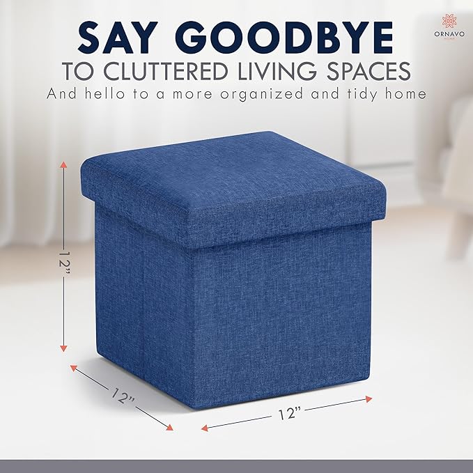 Ornavo Home Small Storage Ottoman, Set of 2 Foldable Collapsible Cube Square Linen Ottoman Foot Rest Stool Seat, for Living Room, Bedroom, Home Office, Dorm - 12 x 12 x 12, Navy Blue