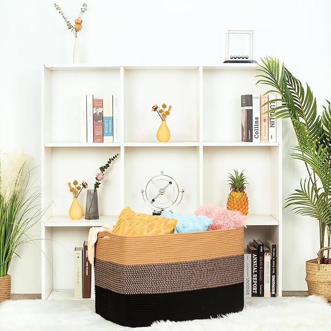 MINTWOOD Design 112L Extra Large Blanket Basket Holder Living Room, 25"x17"x16" Rectangle Rope Woven Storage Basket with Handles for Laundry, Pool Towels, Shoes, Dog Toy Organizer Bin Box, Black Jute