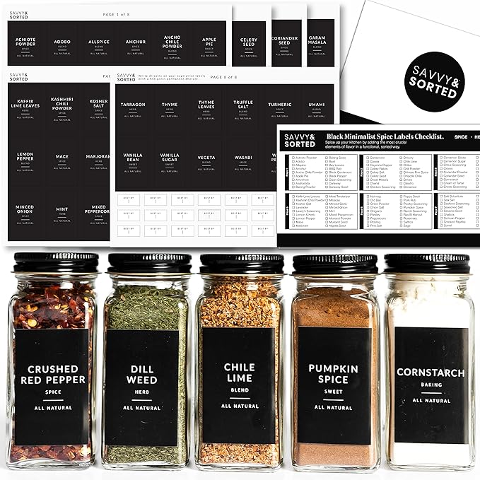 SAVVY & SORTED Black Spice Labels for Jars, 148 Preprinted Organizing Stickers Designed for Spices Storage Glass Bottles for Herbs Seasonings, Kitchen Pantry Organization
