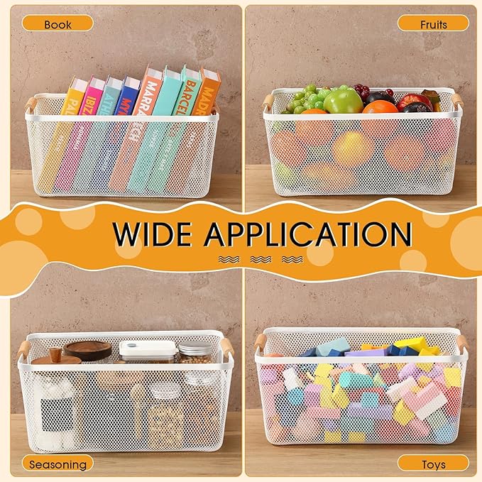 4 Pcs Metal Wire Basket with Wooden Handles Mesh Steel Storage Organizer Bin Containers for Home Cabinet Pantry Closet Kitchen Fridge Fruit Makeup Snacks Gifts(Extra Large,Cream White)