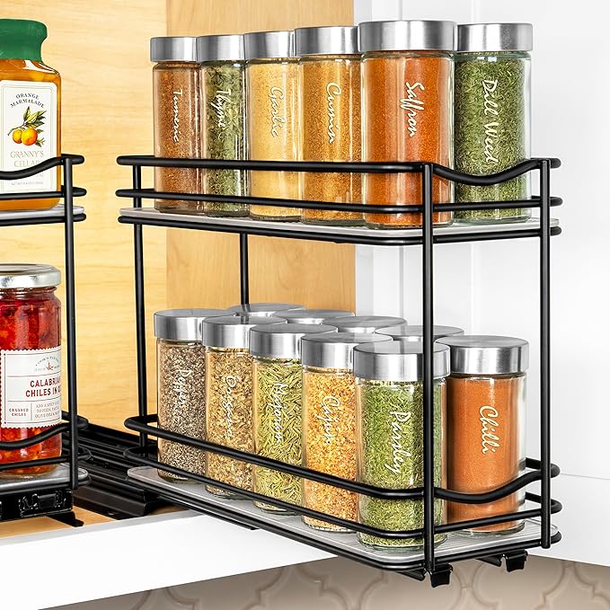 LYNK PROFESSIONAL® Pull Out Spice Rack Organizer for Inside Kitchen Cabinets - 4-3/8 inch Wide - Slide Out Drawer – Black Sliding Spice Organization for cabinet - Spice Racks - 2 Tier