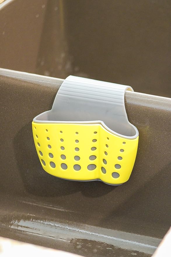 Sink Caddy Sponge Holder - Kitchen Soap Holder - Plastic Saddle Faucet Caddy - Organizer for Brushes, Sponges, Soap, Utensils (Yellow)