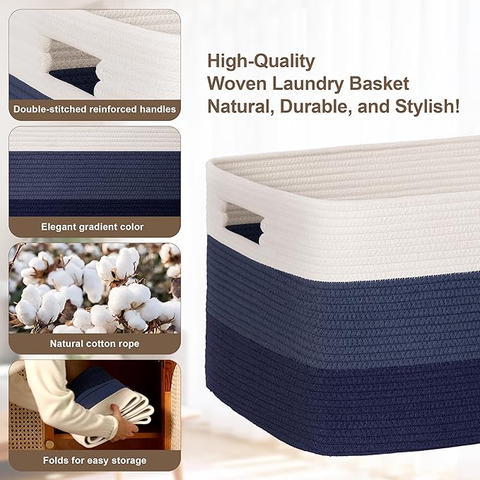 86L Extra Large Laundry Basket with Leather Handles for Living Room Storage, Woven Rope Baskets for Blanket, Kids Toy, Gifts, Wicker Hamper for Bedroom Dirty Clothes, 24"x16"x14" Gradient Blue
