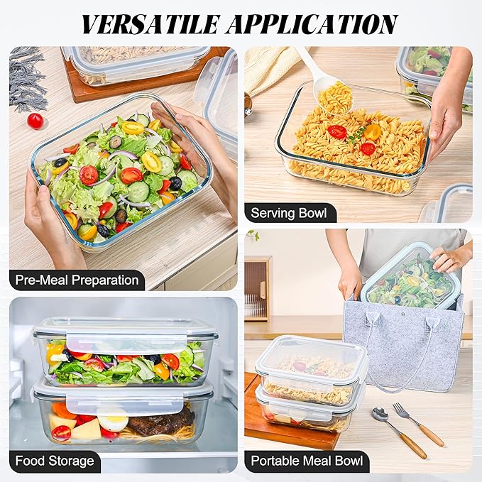 2Pack 9.8 Cups/ 78 Oz Large Glass Food Storage Containers with Lids, Glass Meal Prep Containers with Airtight Lids - BPA Free, Leakproof, Ideal for Food Storing/Serving, Microwave/Oven Safe