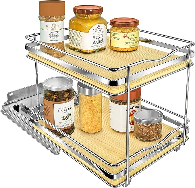 LYNK PROFESSIONAL® Élite™ Pull Out Spice Rack Organizer for Inside Kitchen Cabinets - 8-3/8 inch Wide - Slide Out Drawer – Wood/Chrome Sliding Spice Organization for cabinet - Spice Racks - 2 Tier