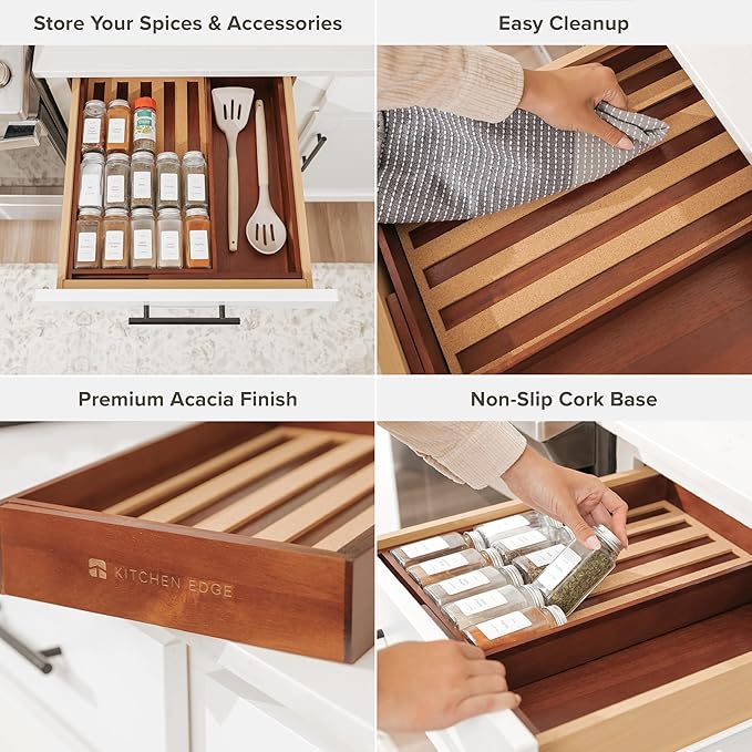 KitchenEdge Spice Drawer Organizer with Expandable Storage. Holds up to 15 Spice Jars (Not Included), Non-Slip Feet, Kitchen Accessory Storage, 100% Sustainable Bamboo Wood (Natural Acacia)