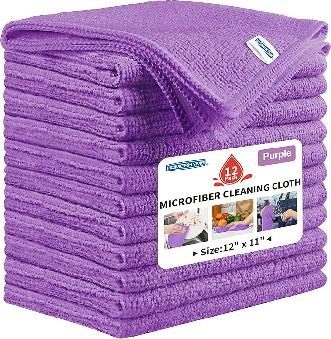HOMERHYME Microfiber Cleaning Cloth, 12 Pack Purple Cleaning Rags,12" X 11" Lint Free Dish Towels Wash Cloths, Reusable Microfiber Towels for Home and Kitchen Bathroom Apartment Cleaning Supplies