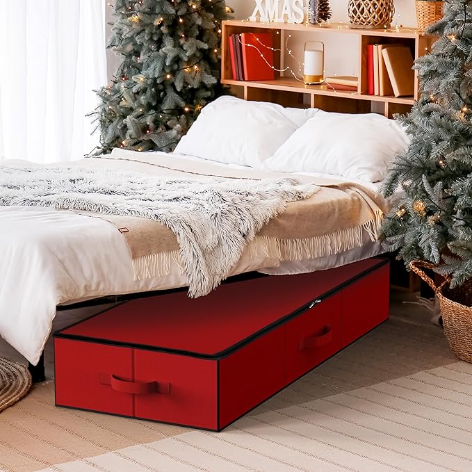 Simple Houseware 41.5" Wrapping Paper Storage Organizer - Fits 40 Rolls with Adjustable Straps, Interior Divider for Ribbons & Bows, 3 Clear Pockets for Gift Bags & Tools, 41.5''L x 16''W, Red