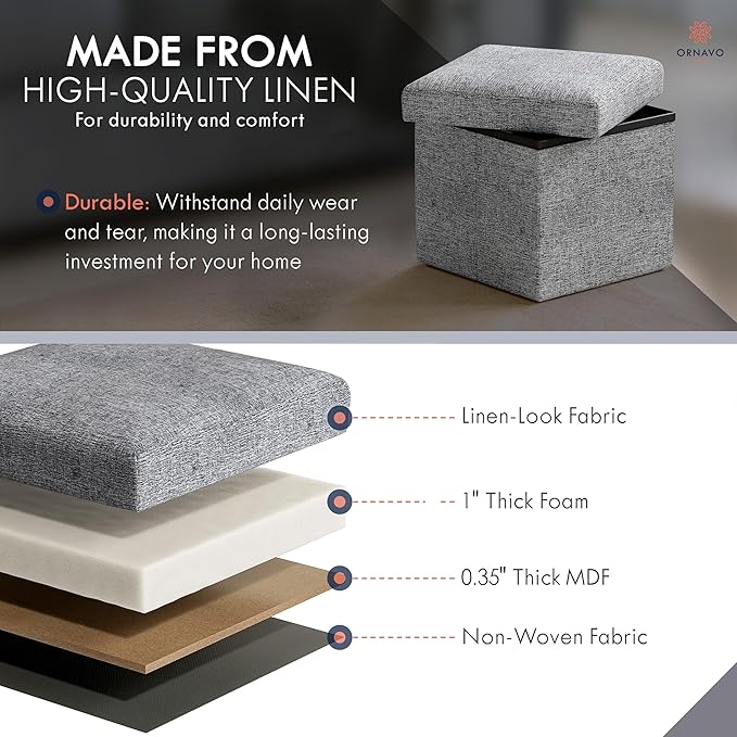 Ornavo Home Small Storage Ottoman Foldable Collapsible Cube Square Linen Ottoman Foot Rest Stool Seat, for Living Room, Bedroom, Home Office, Dorm - 12 x 12 x 12, Gray