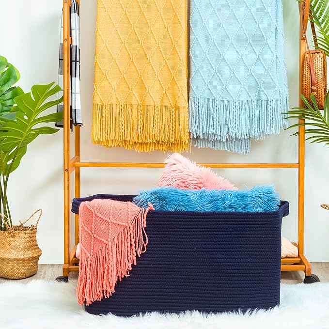 MINTWOOD Design 22in Extra Large Blanket Basket Holder Living Room, Rectangle Rope Woven Storage Basket with Handles for Laundry, Pool Towels, and Shoes, Dog Toy Organizer Bin Box, Full Navy
