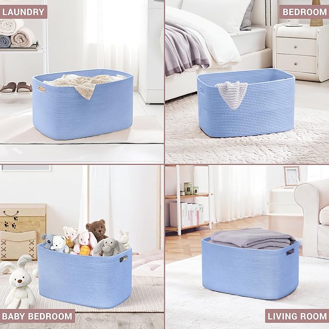 60L Small Baby Girls Laundry Basket for Nursery Storage,Cute Woven cotton Rope Baskets for Kids Toy，Gifts, Boho Square Wicker Blanket hamper for Living Room,Bedroom Dirty Clothes,Blue Purple