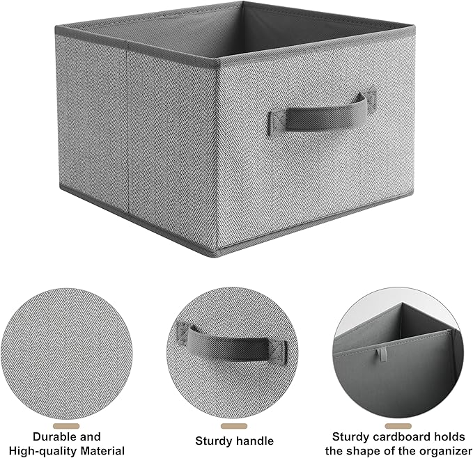 11 inch Storage Baskets, Woven Fabric Bins, Storage Cubes with Reinforced Handles, Organizer Bins for Closet Shelves, Foldable, for Clothes (Gray, 3PCS/11*11*7.8inch)