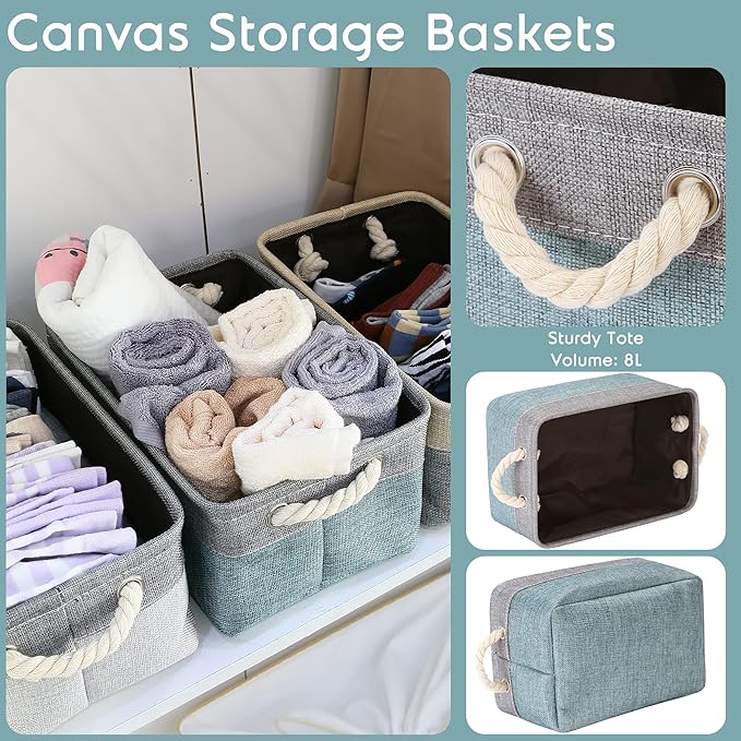 Sea Team 3-Pack Small Storage Basket Set, Storage Cube Organizer, Storage Bins, 12 x 8 x 5 Inches, Rectangle Canvas Fabric Collapsible Shelf Box with Handles for Kids Room (Grey/Stone Blue)