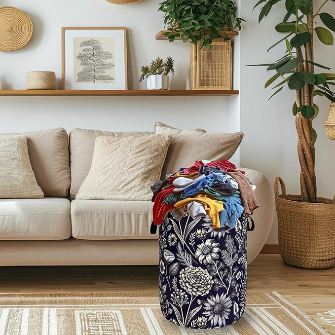 Vintage Floral Flowers Laundry Hamper Foldable Oxford Cloth Cute Laundry Basket With Handle Portable Clothes Storage Organizer Basket 18.9"x16.5" Storage Bag For Laundry Room/Bathroom/Bedroom