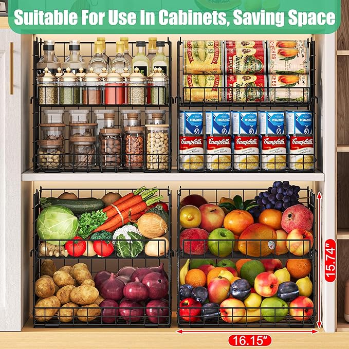 JKsmart 8-Tier Stackable Wire Basket, Can Organizer for Pantry Kitchen, XXL Metal Storage Shelves with Dividers & Handles, Easy Assembly Space Saving Storage Bins for Snacks Fruits Veggies