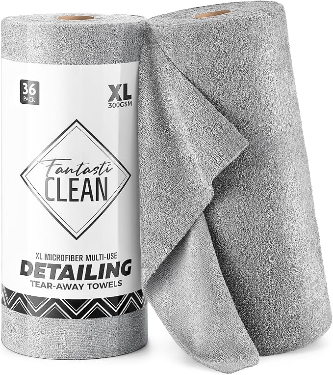 Fantasticlean XL Tear-Away Microfiber Cleaning Cloth Roll, 16'' by 16''- 36 Sheets, Thick & Large Detailing Towels, Ultra Absorbent, Lint-Free Reusable Wipes for All-Around Cleaning (Glossy Grey)