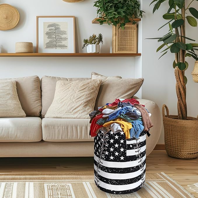 Baseball Textures Laundry Basket Foldable Oxford Cloth American Flag Laundry Hamper With Handle Portable Clothes Storage Organizer Basket 18.9X16.5 Inch Storage Bag For Laundry Room/Bathroom/Bedroom