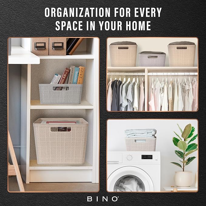 BINO | Woven Plastic Basket | Large (Natural Grey), 3-Pack | THE JUTE COLLECTION | Home Organization, Space - Saving Storage, Stylish Design | Jute Basket | Plastic Storage Basket