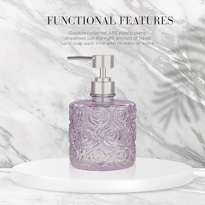 Marcella Glass Soap Dispenser with Soap Pump, Refillable 14 Ounce Capacity, Floral Design Rose Patterns, Heavy Weight Thick Glass for Bathroom, Premium Kitchen Soap Dispenser (Lavender Frost)